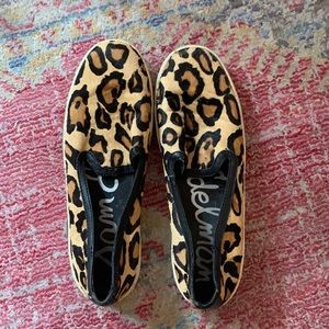 Sam Edelman Leopard print cow fur slides